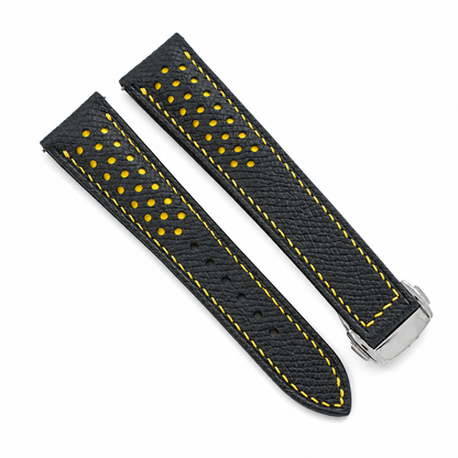 Deployant Racing Rally Black and Yellow Epsom Leather Watch Strap