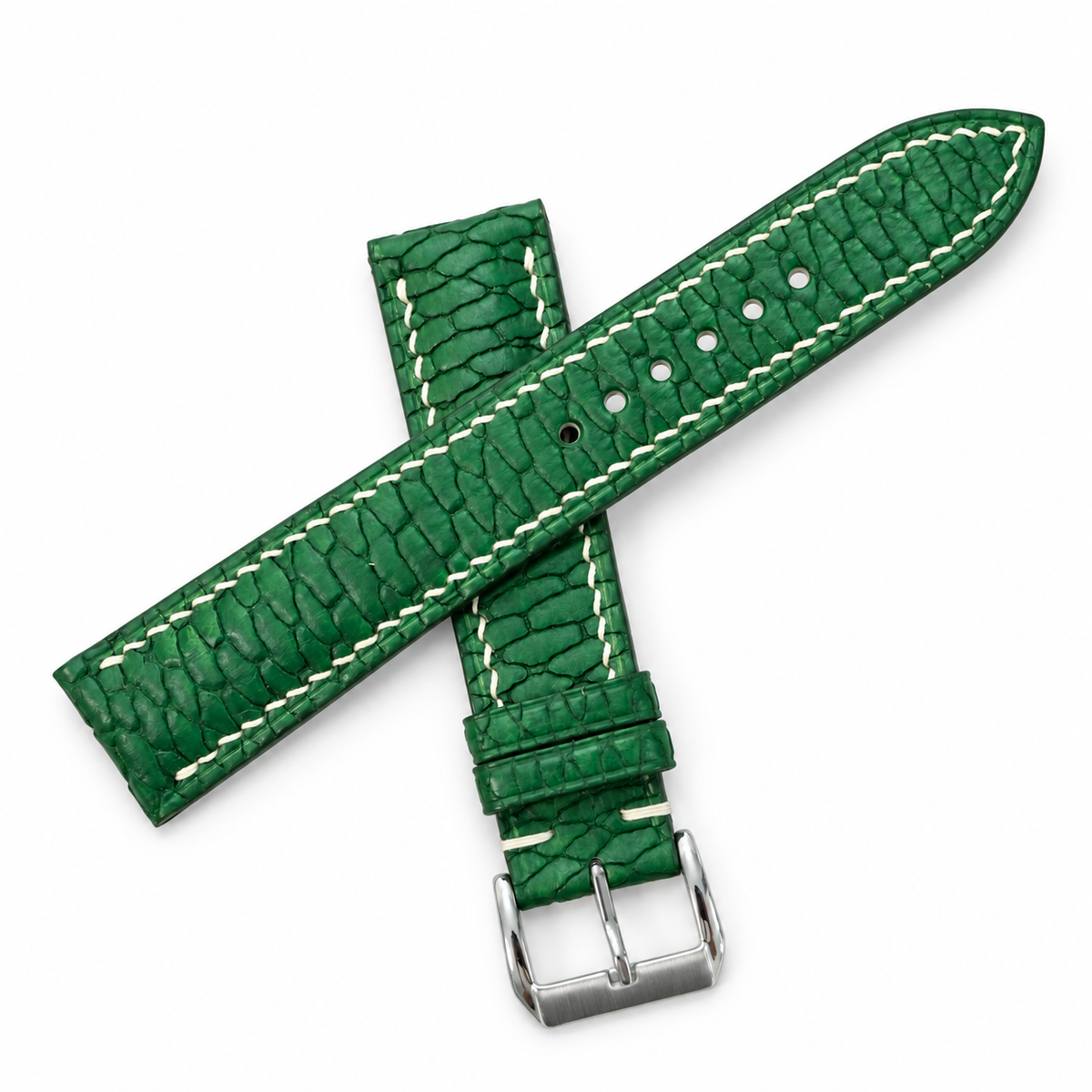 Emerald Green Beaver Tail Leather Watch Strap - crossed two piece