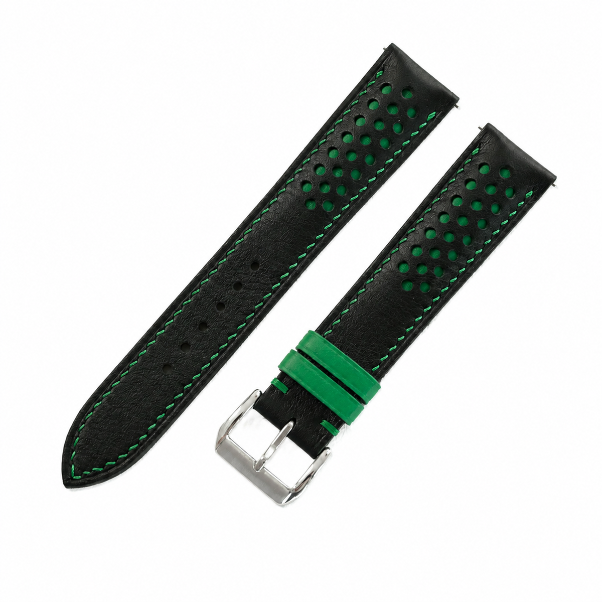 Black and green racing rally Swift watch strap, both halves showing green keepers