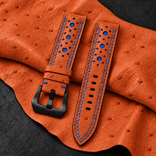 Orange and Blue Ostrich Racing Large Holes Leather Watch Strap - Double Stitch - hero