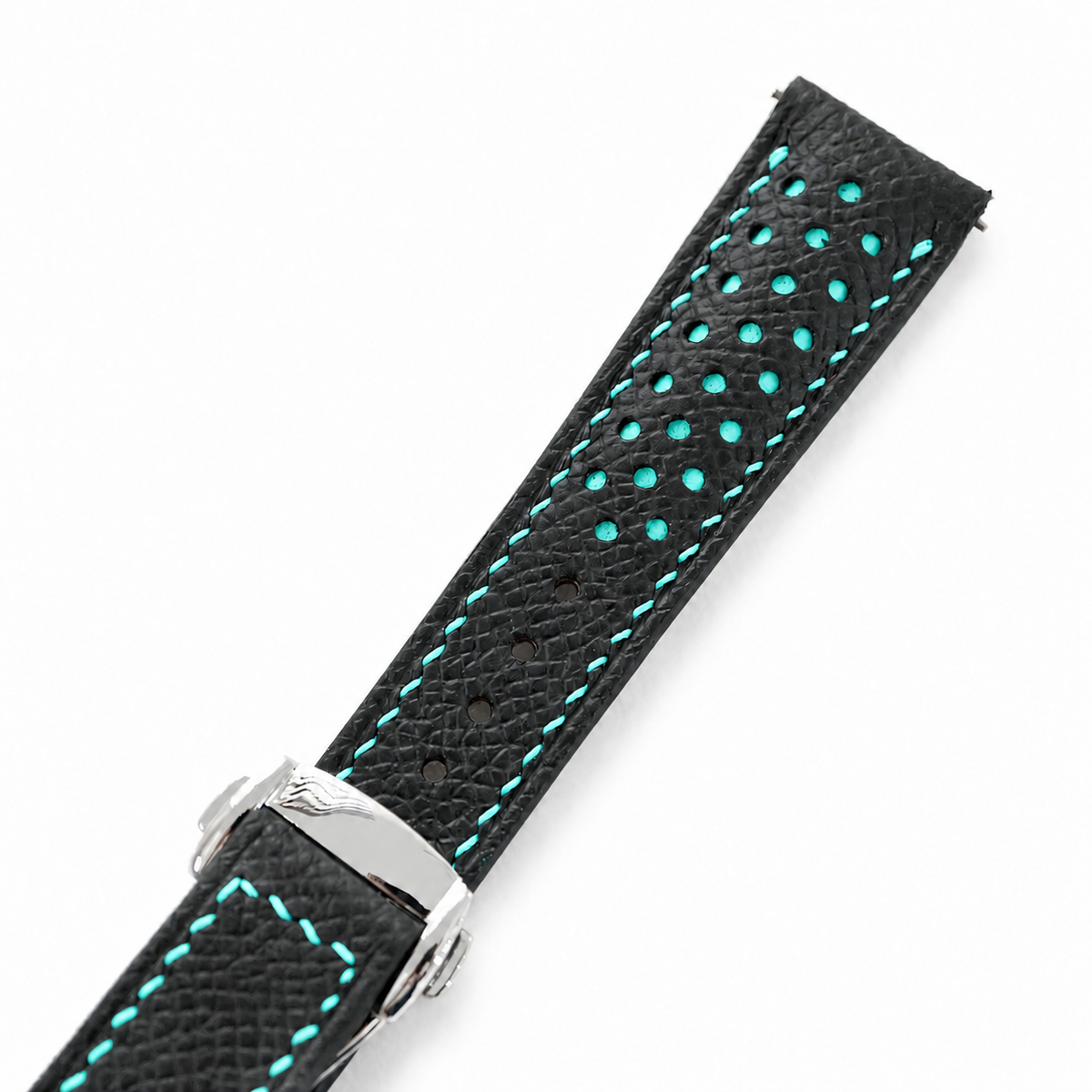 Deployant Racing Rally Black and Turquoise Epsom Leather Watch Strap - assembled on deployant clasp