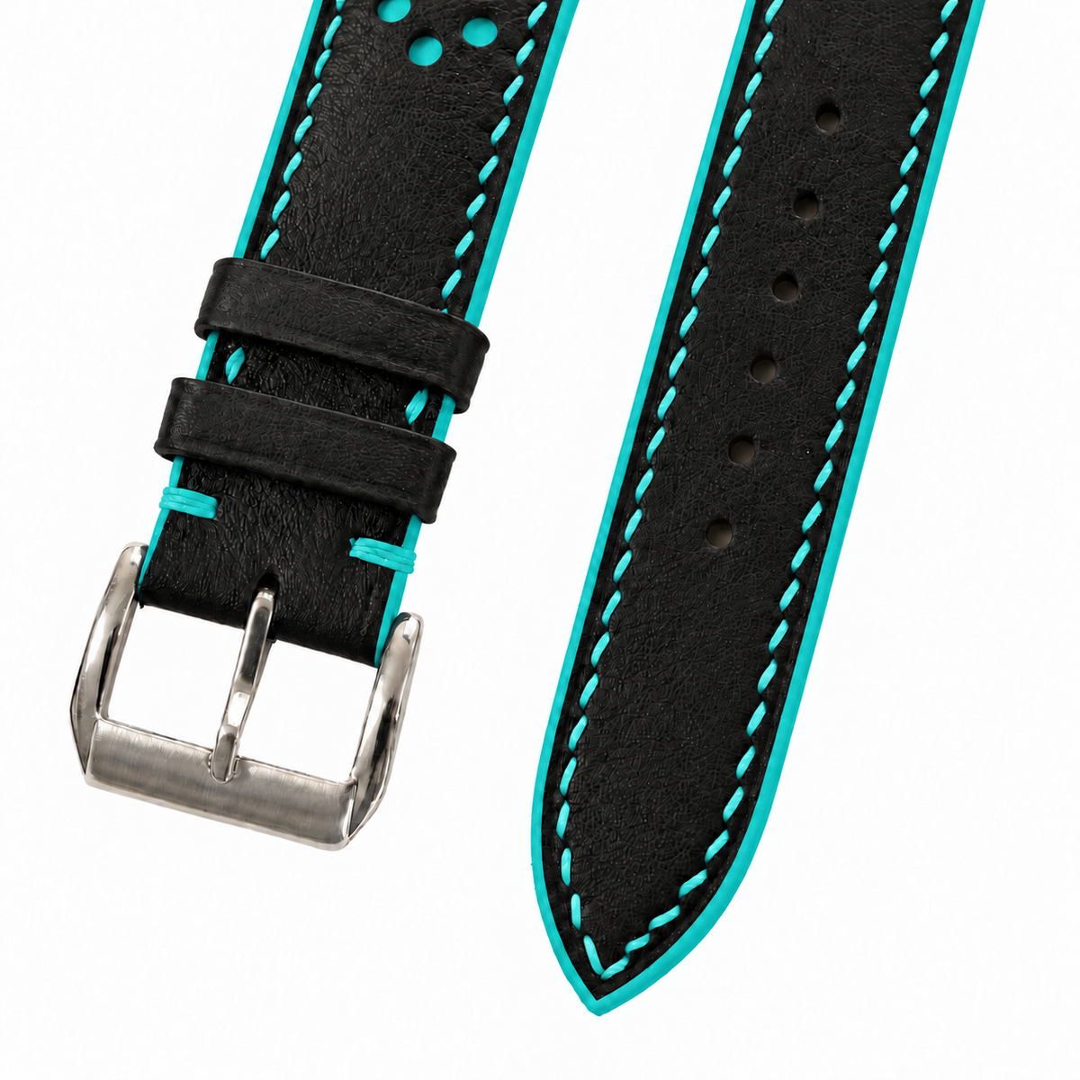 Black and Turquoise Racing Holes Rally Swift Leather Watch Strap - turquoise stitch buckle detail