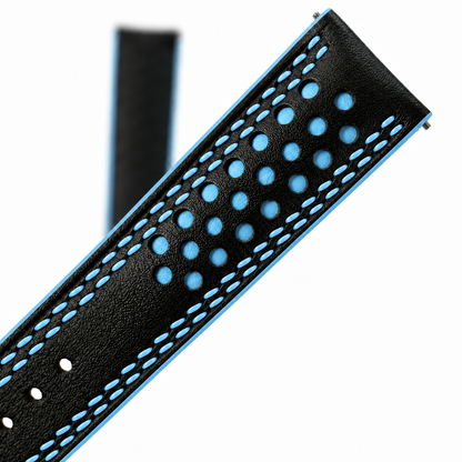 Black and Light Blue Racing Holes Rally Swift Leather Watch Strap - Double Stitch - double stitch macro