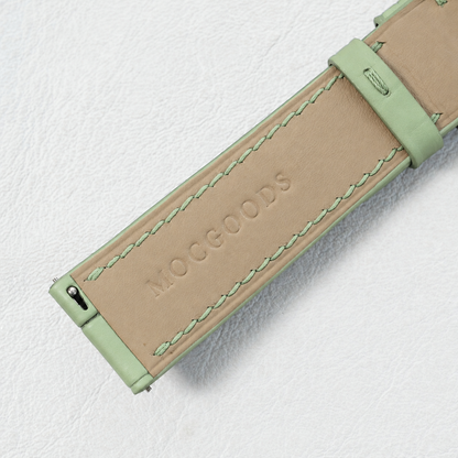 Pastel Sage Green Swift Leather Watch Strap - underside and beige lining detail