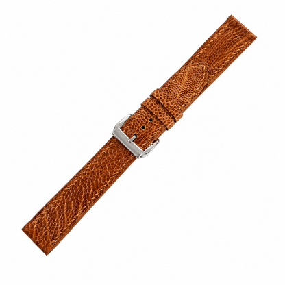 Golden cognac ostrich leg watch strap, short end with keeper