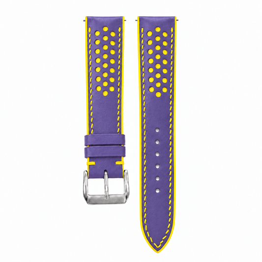 Violet Purple and Yellow Racing Holes Rally Swift Leather Watch Strap - hero