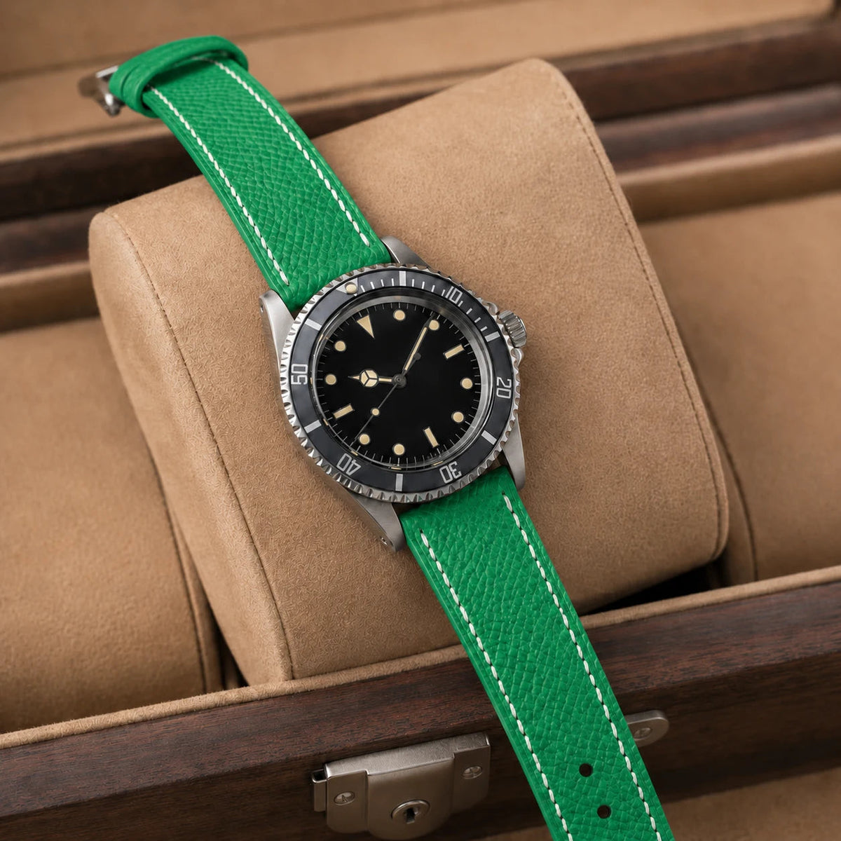 Emerald Green Epsom leather watch strap on wrist