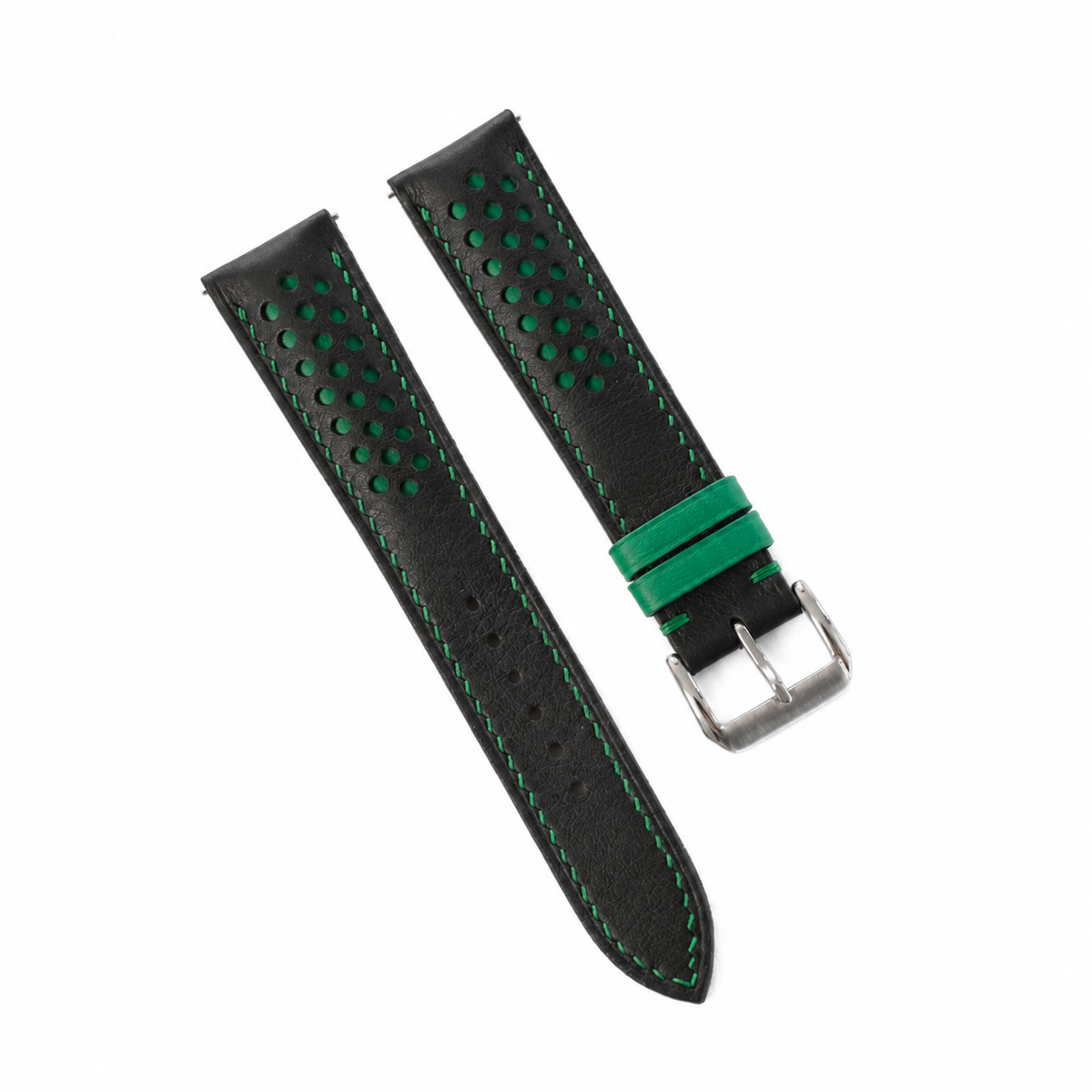 Black and green racing rally Swift watch strap, full length with green underlay through the holes