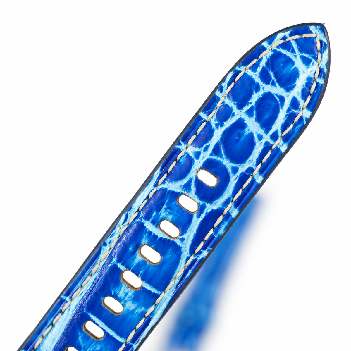 Ocean Blue White Patina Alligator Leather Watch Strap - tip and holes detail