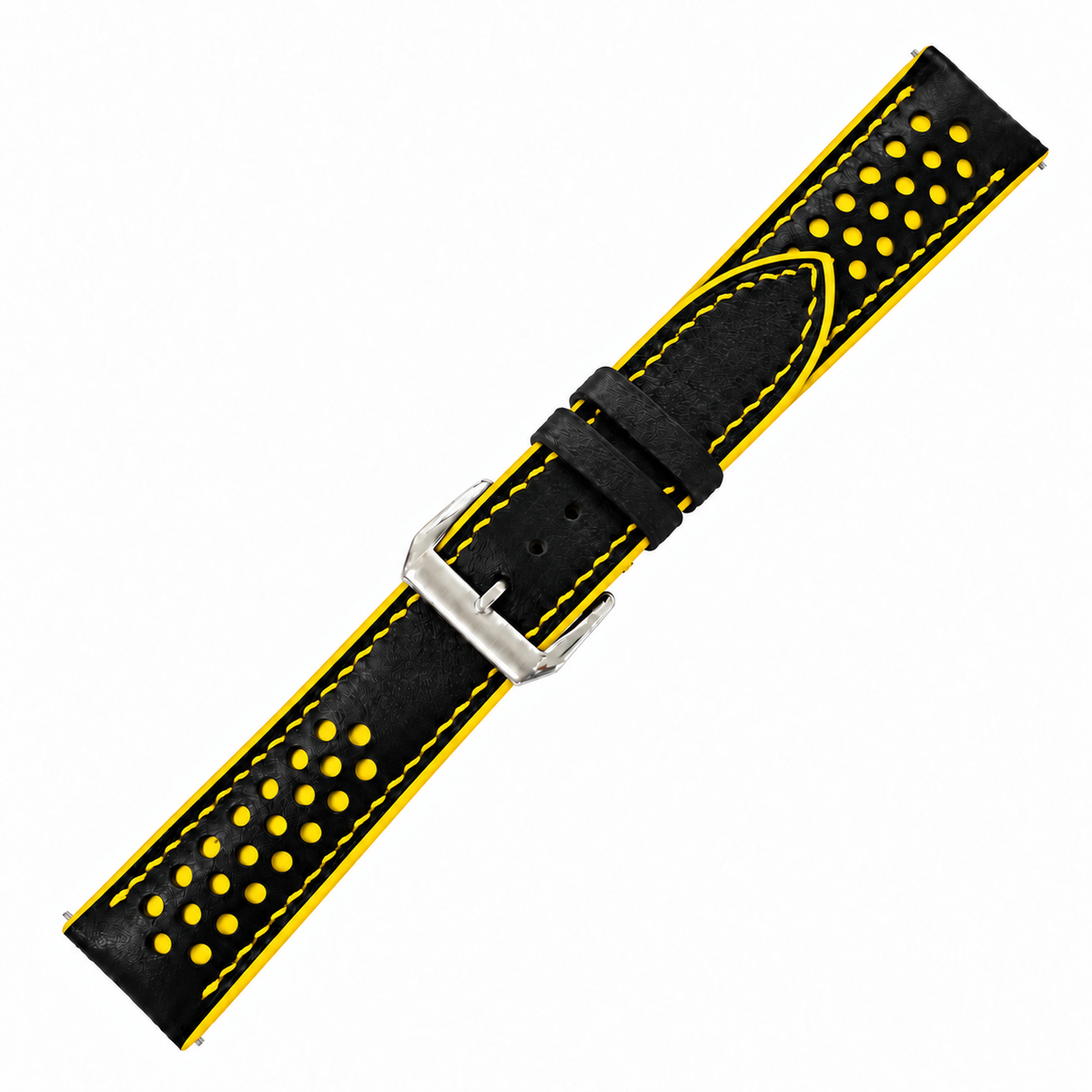 Black and Yellow Racing Holes Rally Swift Leather Watch Strap - yellow stitch detail