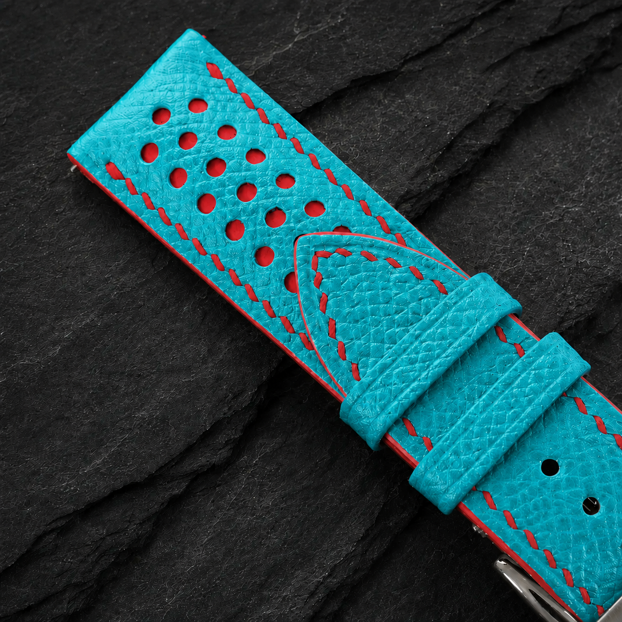 Turquoise and Red Racing Small Holes Rally Epsom Leather Watch Strap