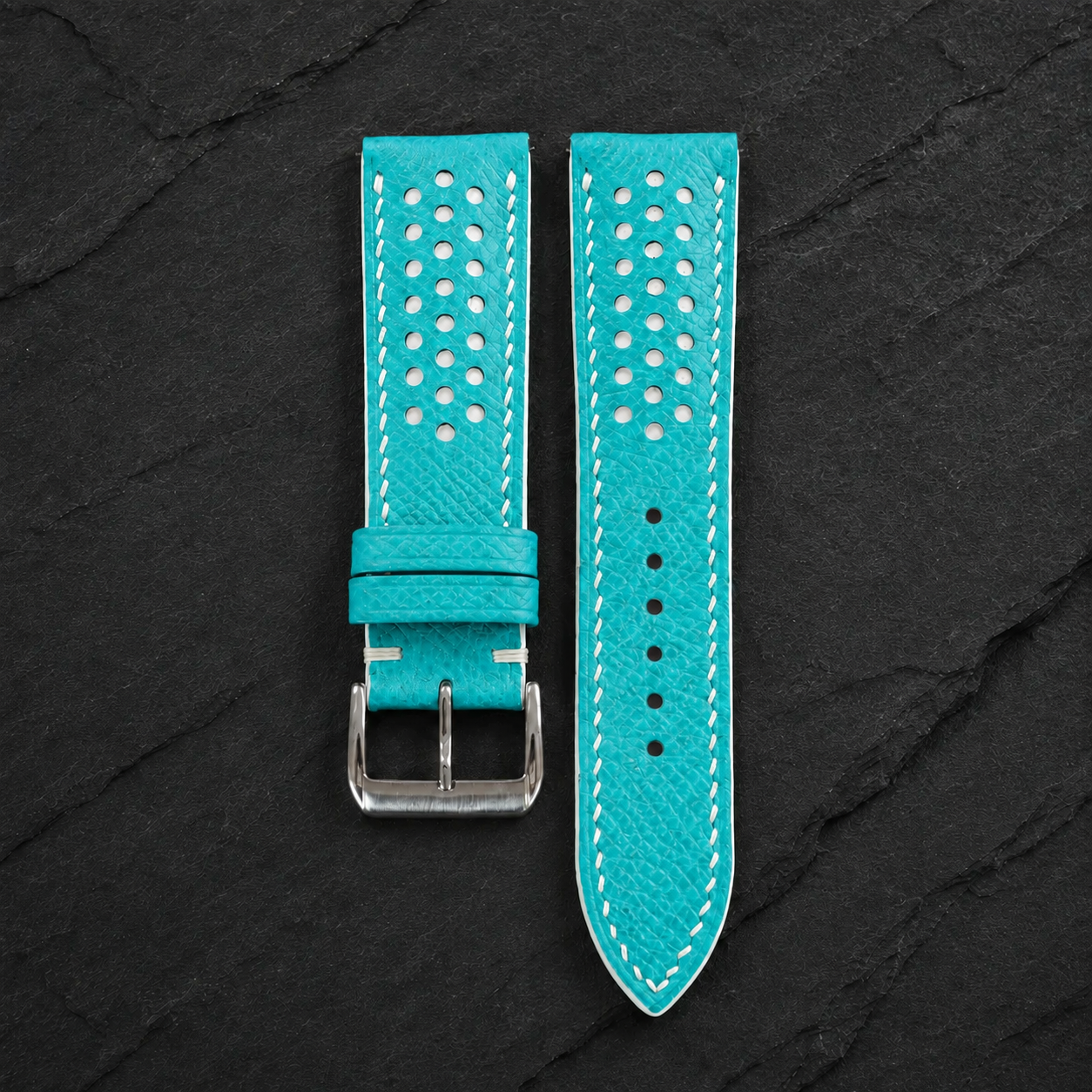 Turquoise and White Racing Small Holes Rally Epsom Leather Watch Strap