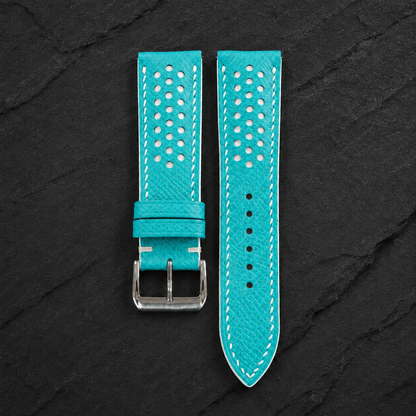 Turquoise and White Racing Small Holes Rally Epsom Leather Watch Strap