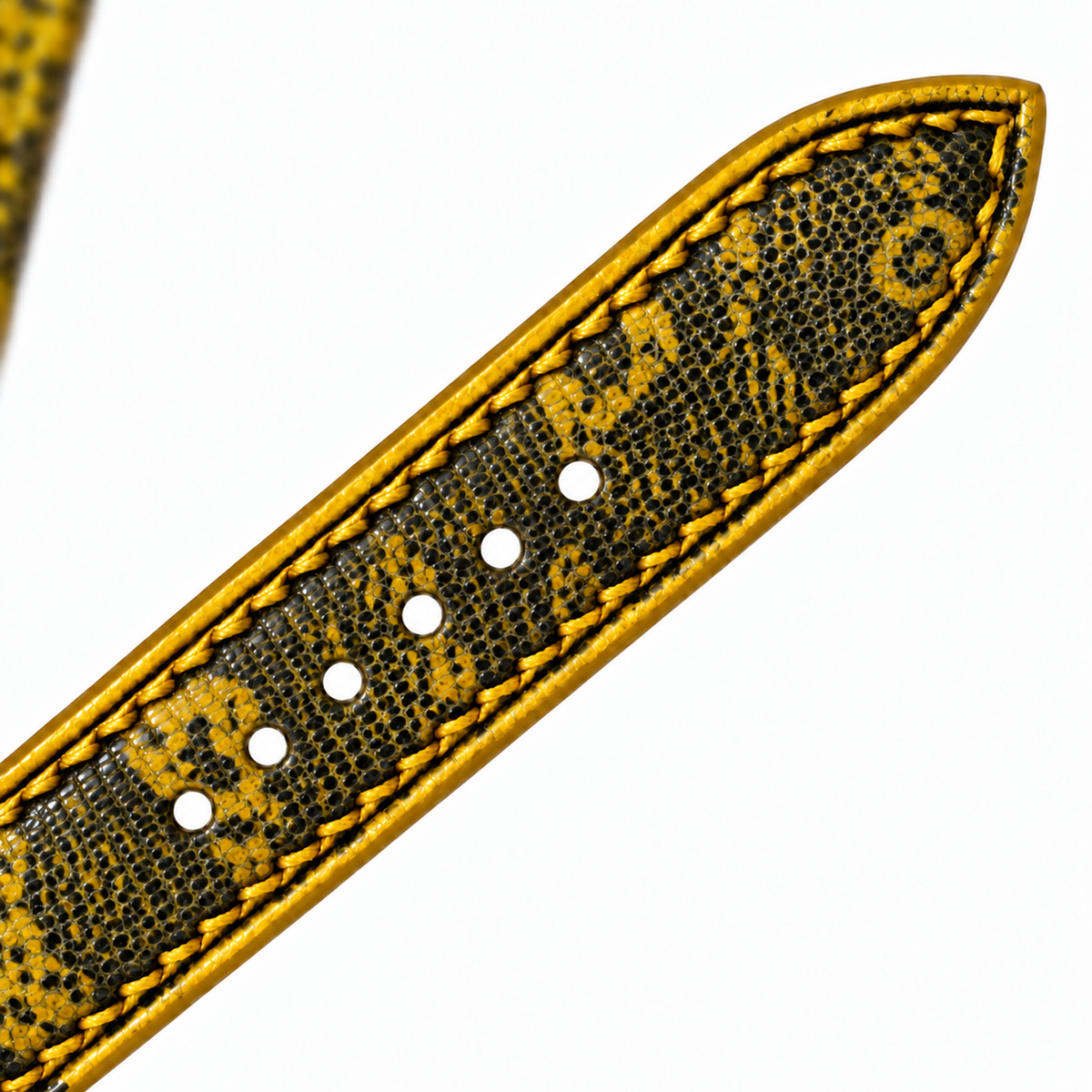 Yellow Black Lizard Leather Watch Strap - tip and holes detail
