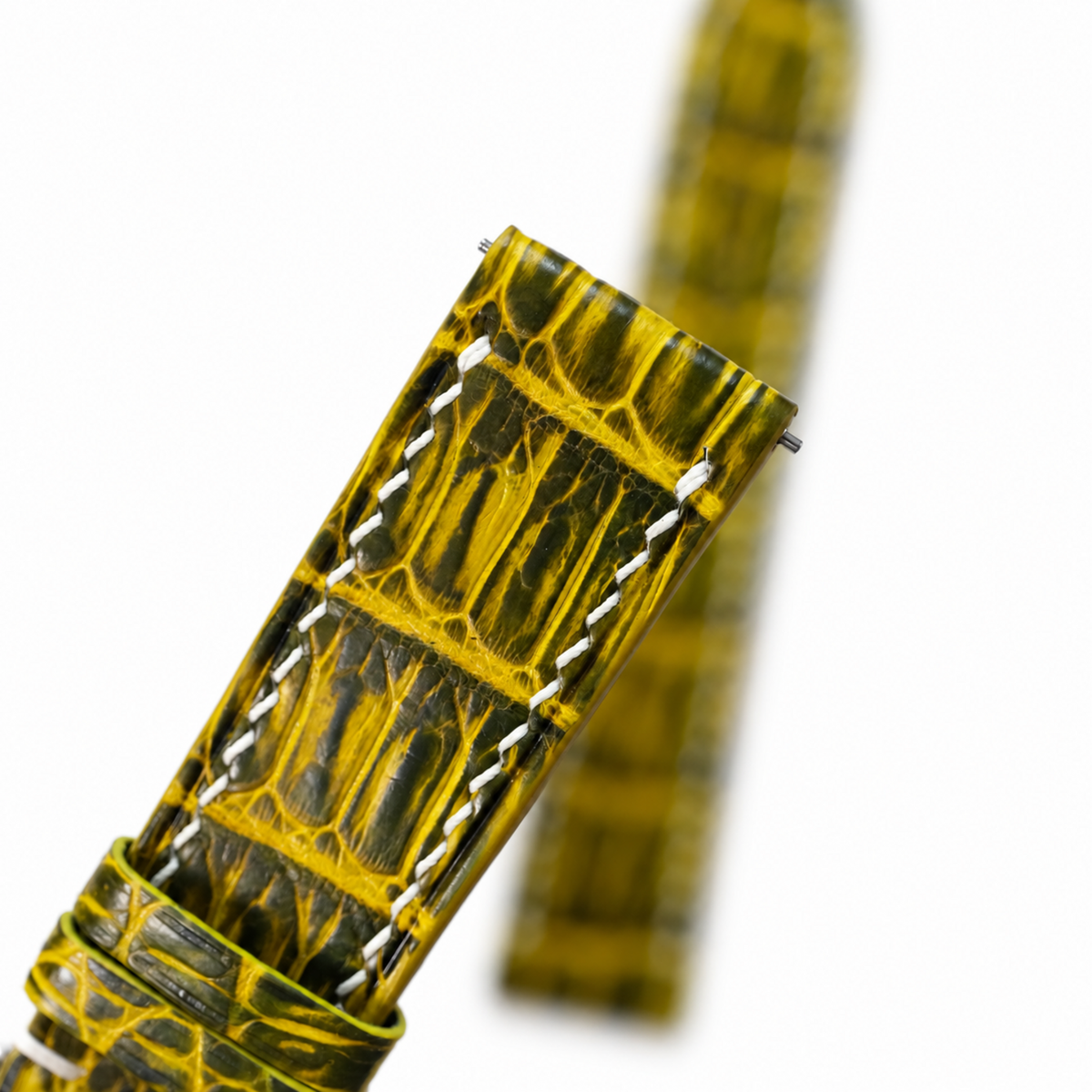 Lemon Yellow Patina Alligator Leather Watch Strap - strap end scales detail