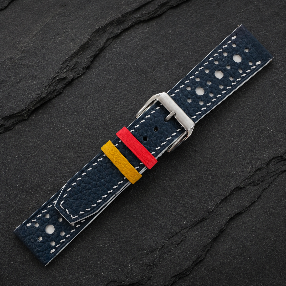 Navy and white large-hole racing rally Togo watch strap, buckle end with red and yellow keepers