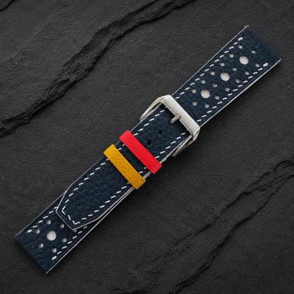 Navy and white large-hole racing rally Togo watch strap, buckle end with red and yellow keepers
