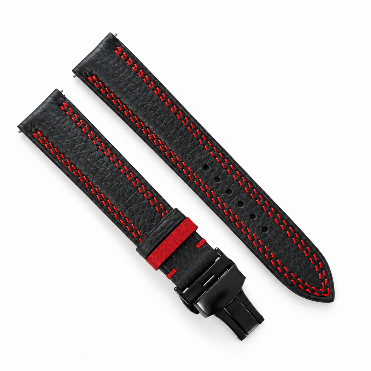 Black Togo Red Double Stitch Leather Watch Strap - assembled on buckle