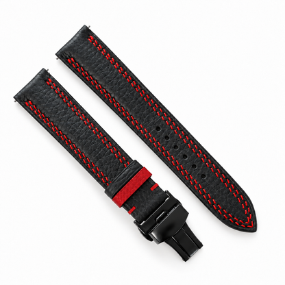 Black Togo Red Double Stitch Leather Watch Strap - assembled on buckle