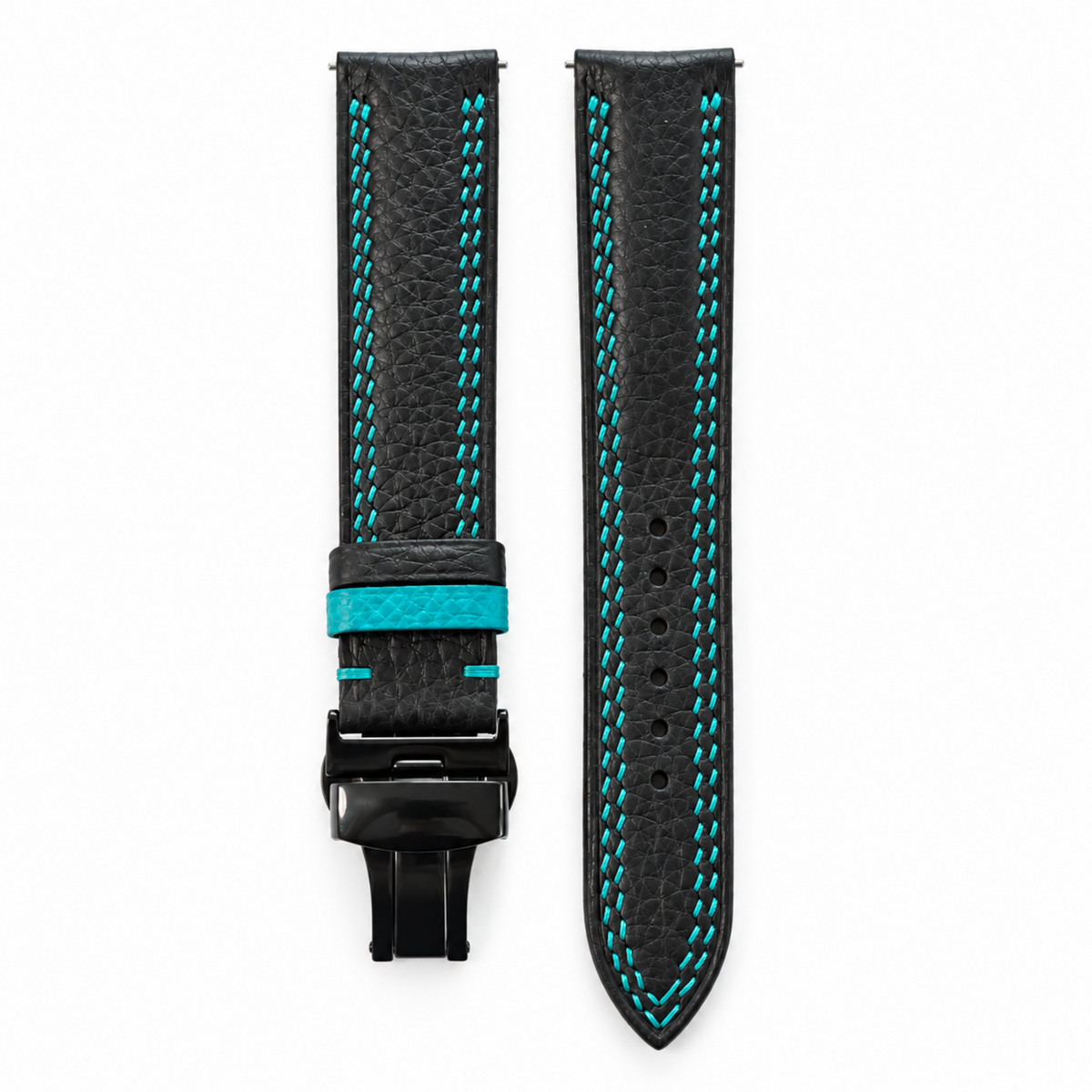 Black Togo Turquoise Double Stitch Leather Watch Strap - hero