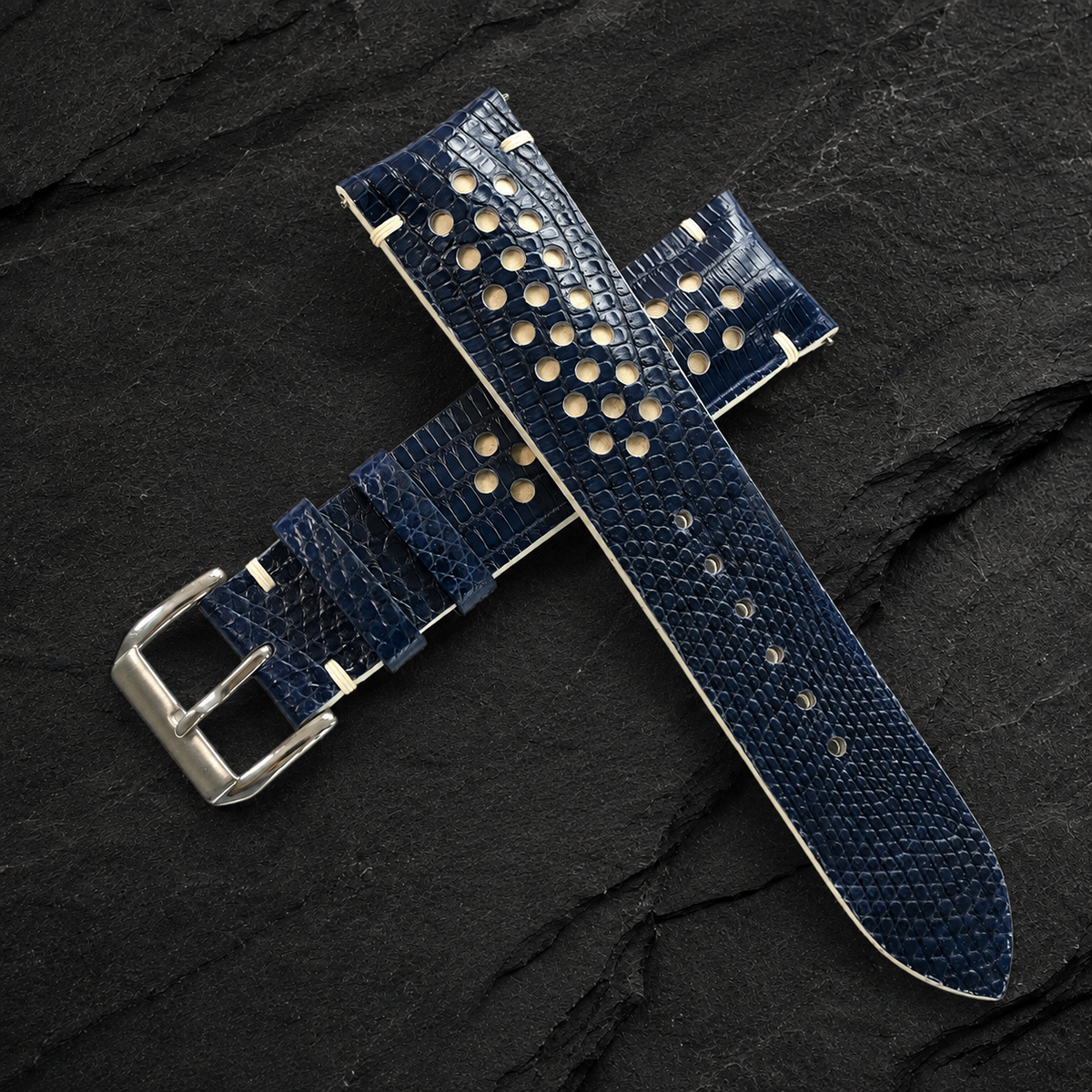 Navy and Cream Racing Holes Rally Lizard Leather Watch Strap