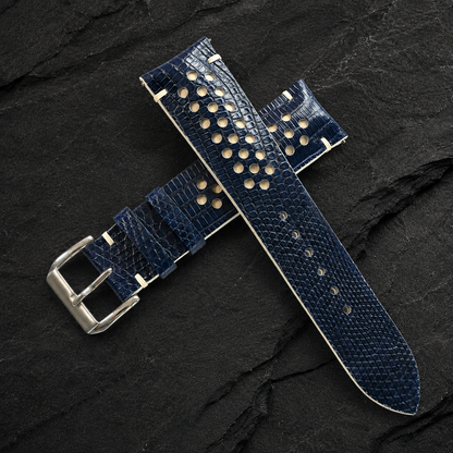 Navy and Cream Racing Holes Rally Lizard Leather Watch Strap