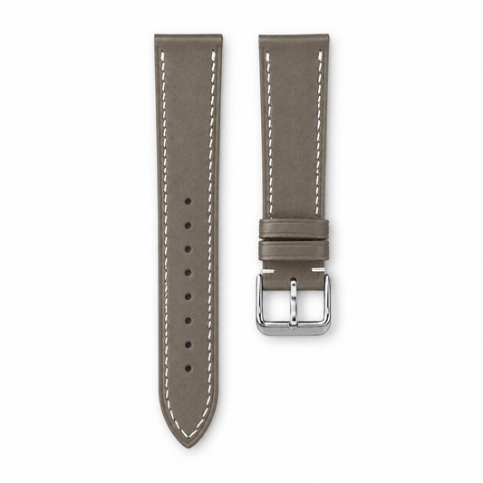 Flat Etoupe Taupe Swift leather watch strap - white stitch