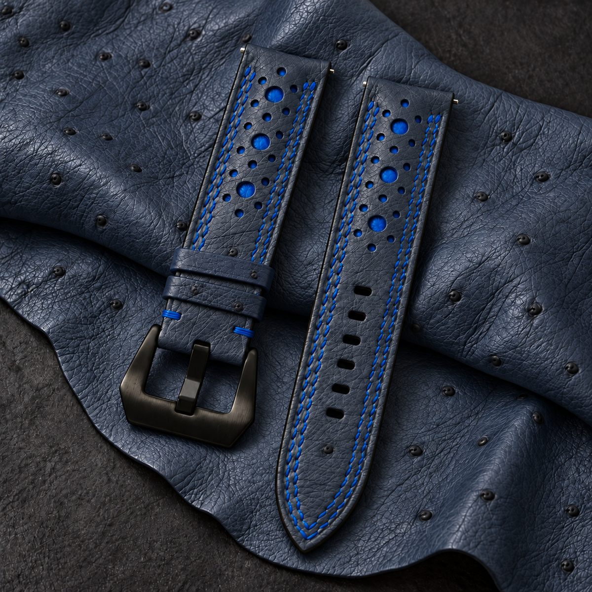 Midnight Navy and Blue Ostrich Racing Large Holes Leather Watch Strap - Double Stitch - hero