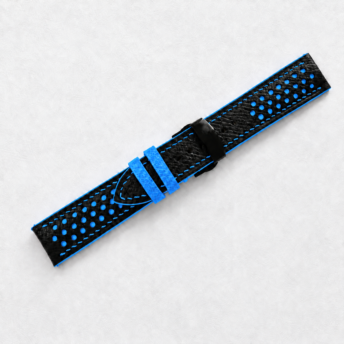 Black and Blue Racing Holes Rally Epsom Leather Watch Strap - Blue Keeper - racing holes blue underlay macro