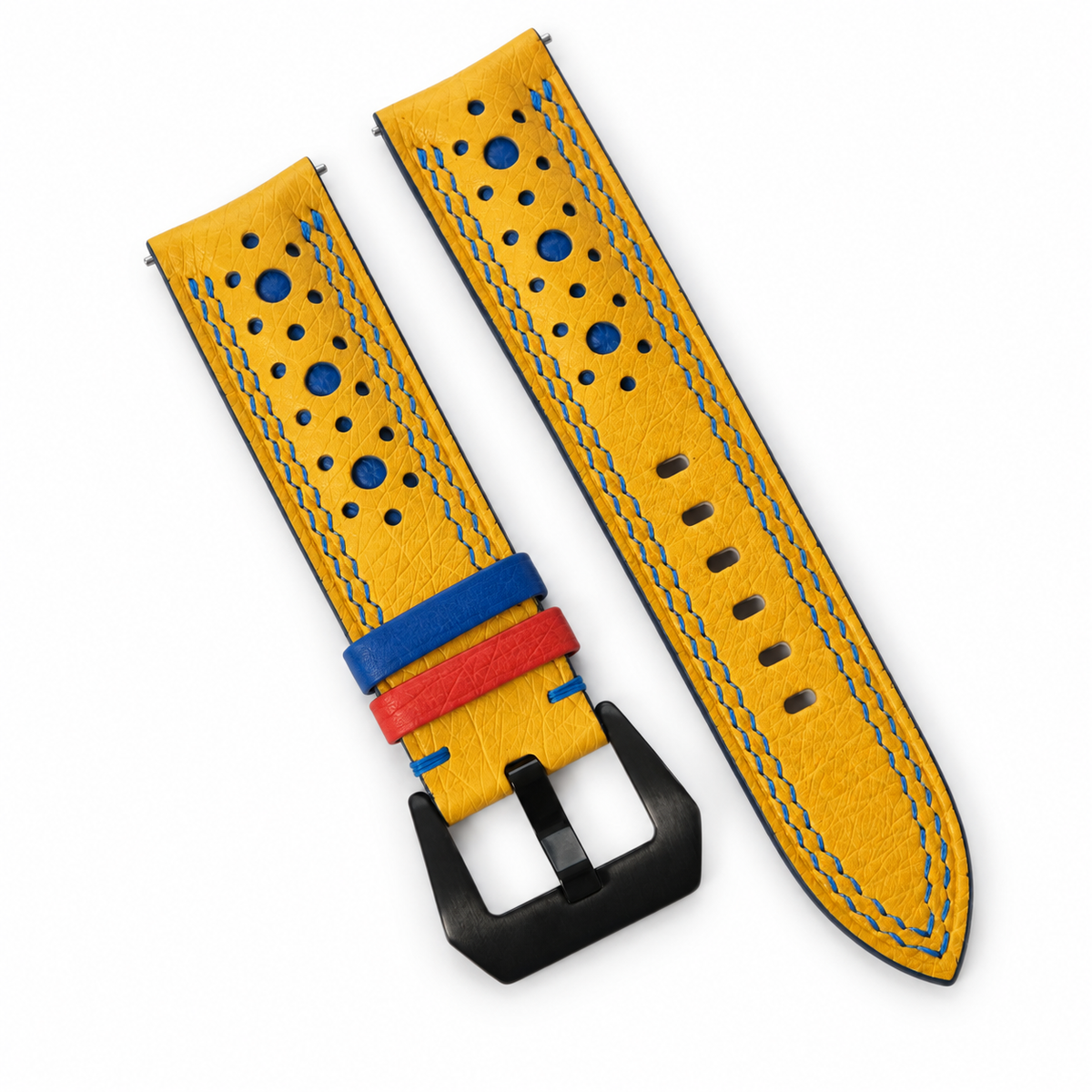 Yellow Ostrich Racing Large Holes Leather Watch Strap - blue contrast stitch detail