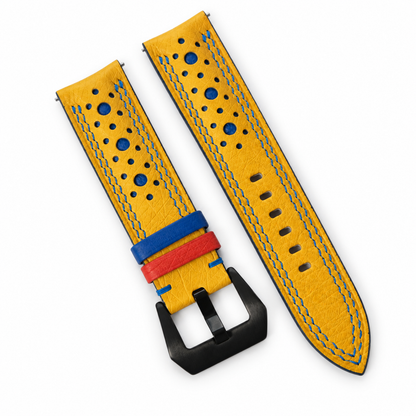 Yellow Ostrich Racing Large Holes Leather Watch Strap - blue contrast stitch detail
