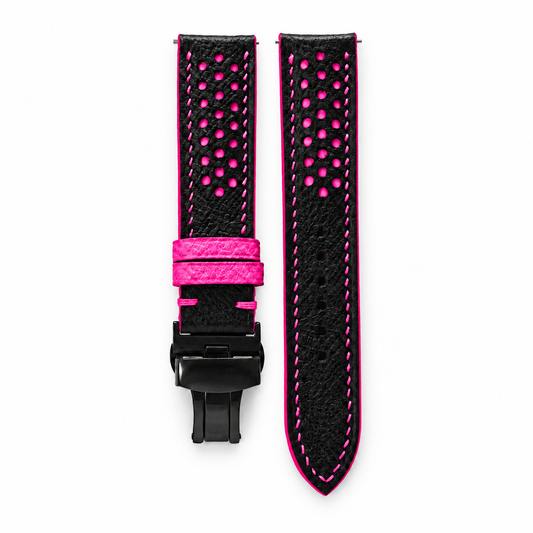 Black and Pink Racing Holes Rally Epsom Leather Watch Strap - Pink Keeper - hero