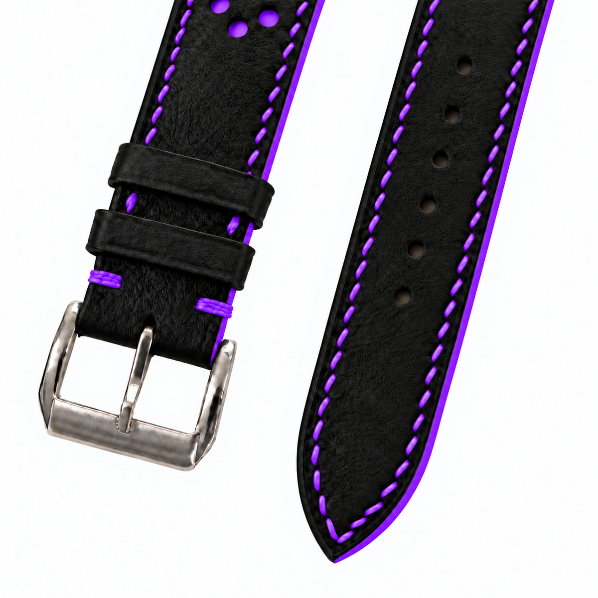 Black and Purple Racing Holes Rally Swift Leather Watch Strap - assembled on buckle