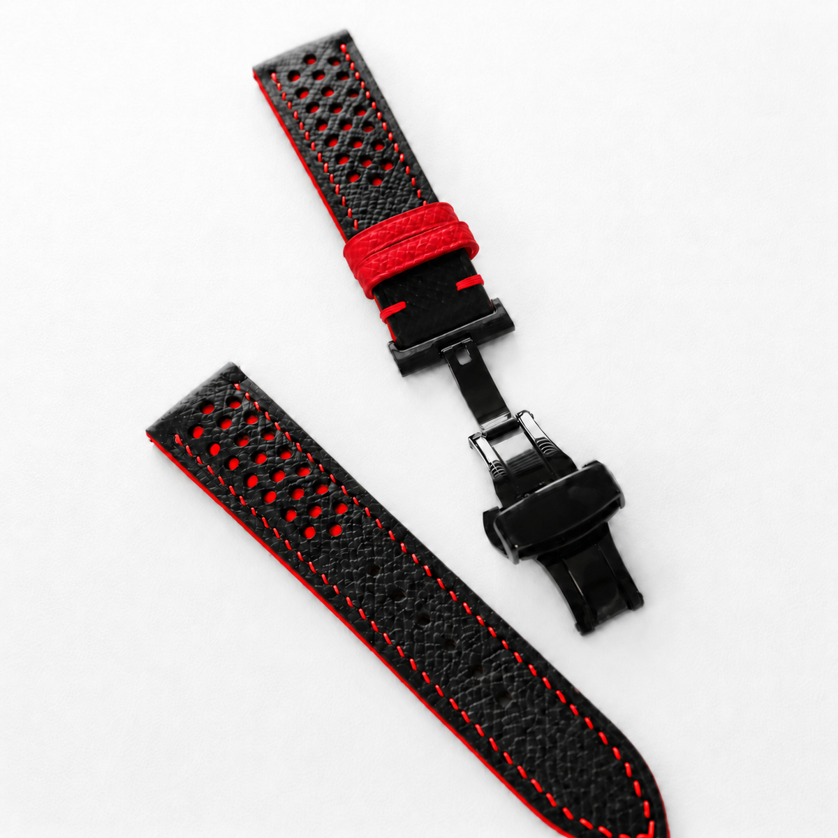 Black and Red Racing Holes Rally Epsom Leather Watch Strap - Red Keeper - red keeper loop detail