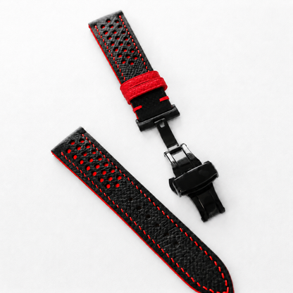 Black and Red Racing Holes Rally Epsom Leather Watch Strap - Red Keeper - red keeper loop detail