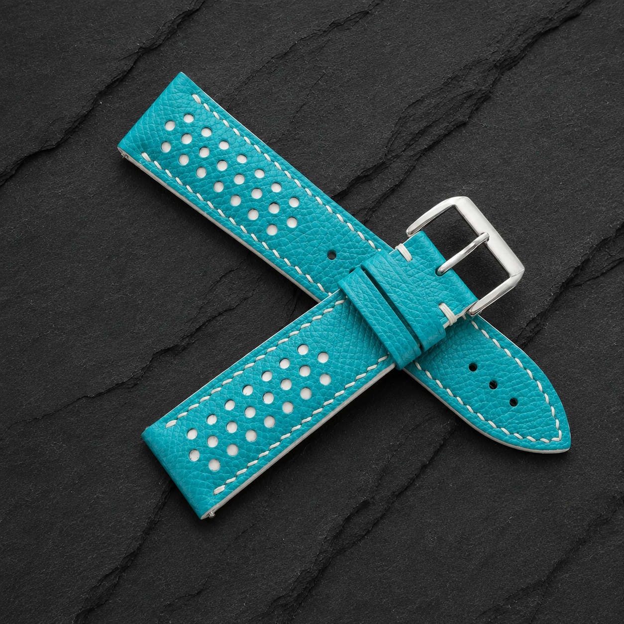 Turquoise and White Racing Small Holes Rally Epsom Leather Watch Strap