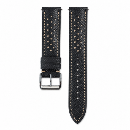 Flat Black Beige Racing Holes Rally Epsom Leather Watch Strap - Photo 1