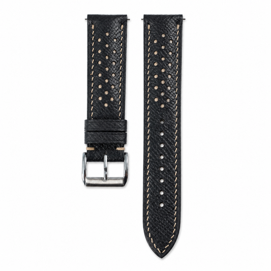 Flat Black Beige Racing Holes Rally Epsom Leather Watch Strap - Photo 1