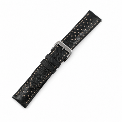 Flat Black Beige Racing Holes Rally Epsom Leather Watch Strap - Photo 2