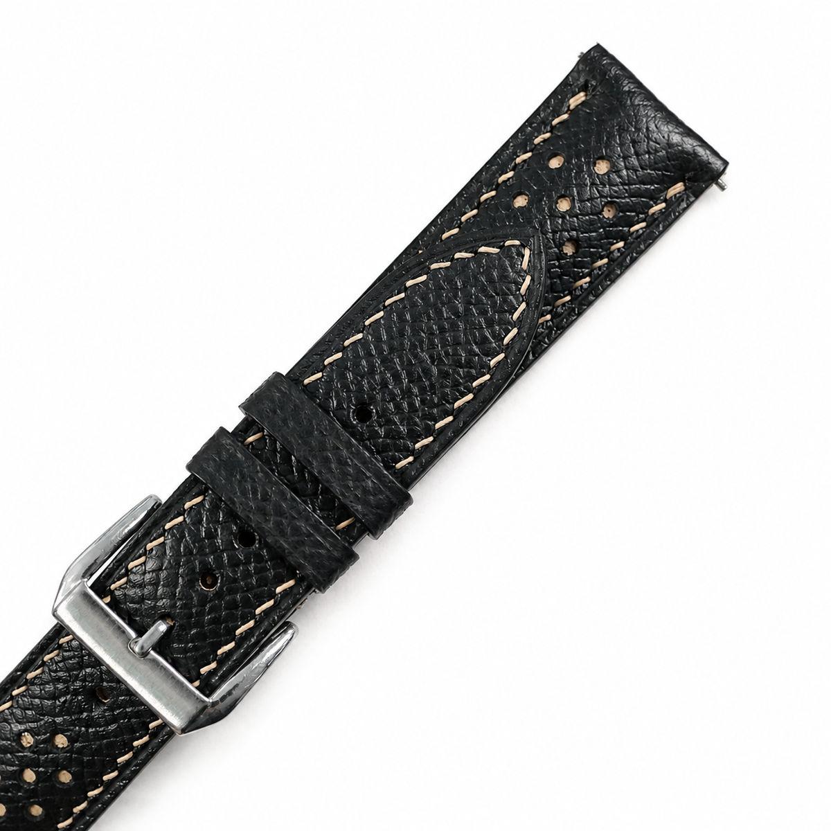 Flat Black Beige Racing Holes Rally Epsom Leather Watch Strap - Photo 3