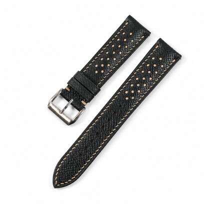 Flat Black Beige Racing Holes Rally Epsom Leather Watch Strap - Photo 4