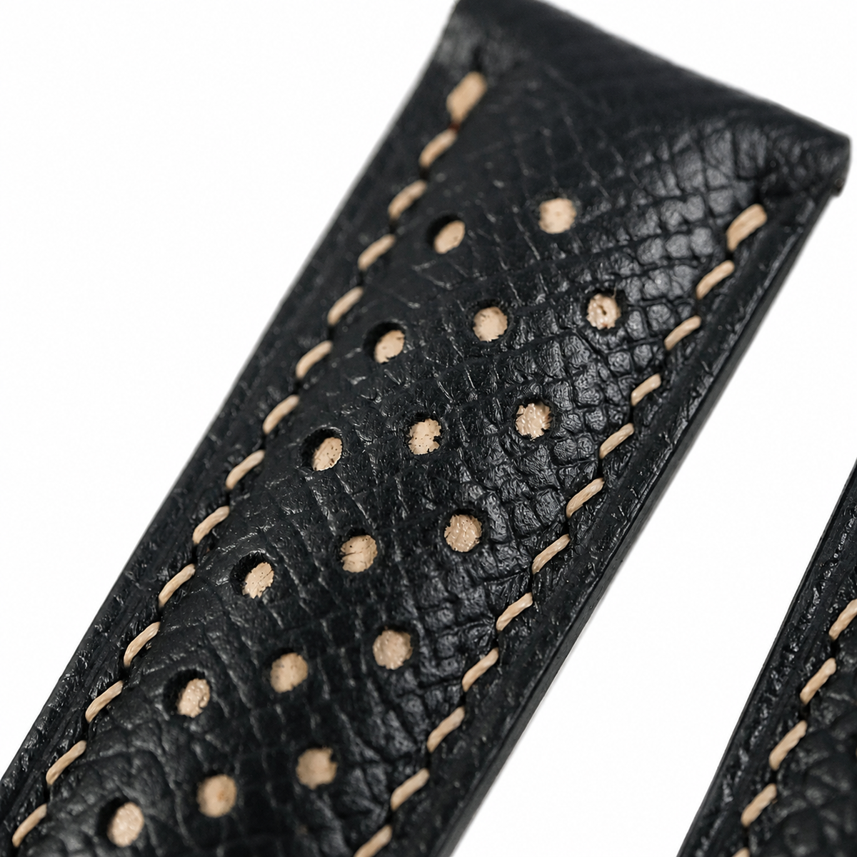 Flat Black Beige Racing Holes Rally Epsom Leather Watch Strap - Photo 5