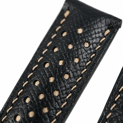 Flat Black Beige Racing Holes Rally Epsom Leather Watch Strap - Photo 5