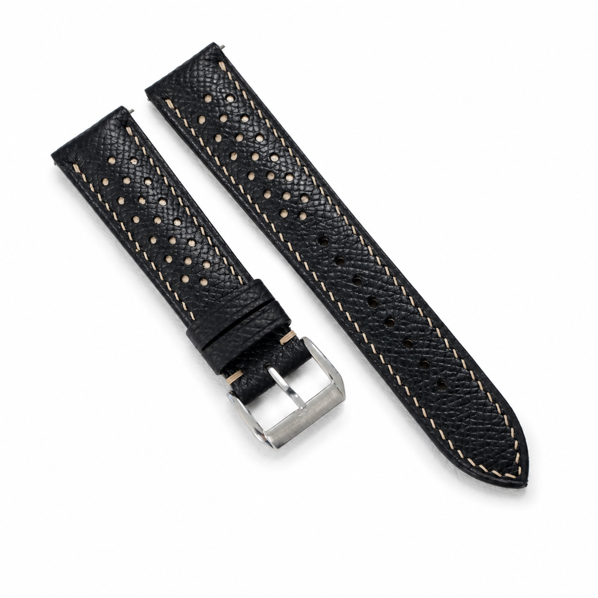 Flat Black Beige Racing Holes Rally Epsom Leather Watch Strap - Photo 6