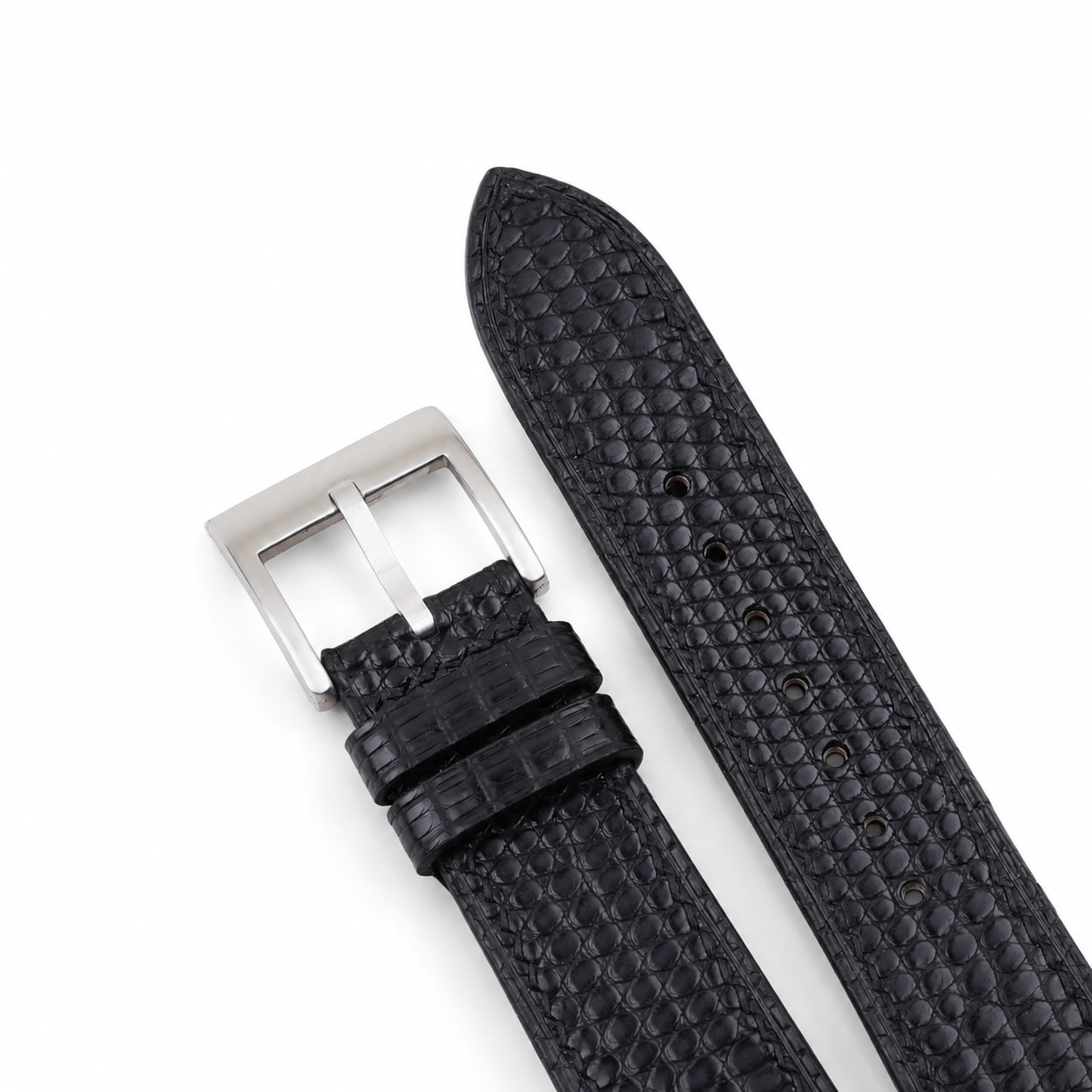 Flat Black Lizard leather watch strap with black tone-on-tone stitching