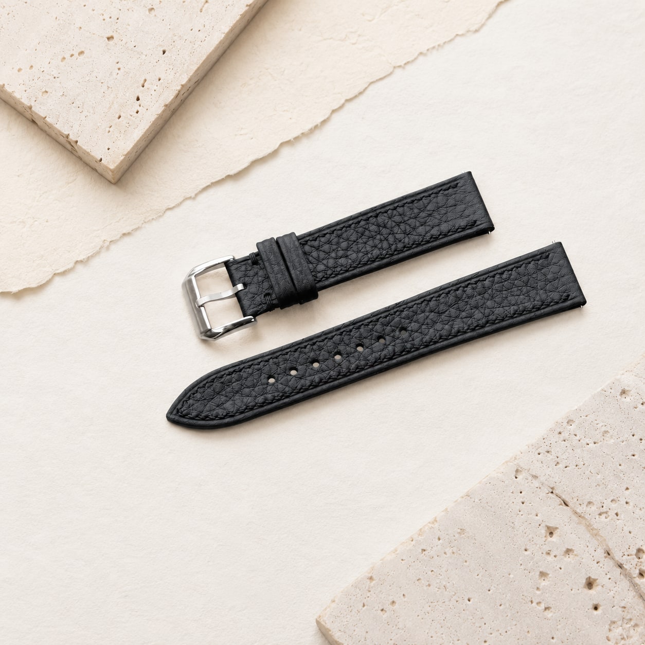 Flat Black Togo leather watch strap with tone-on-tone stitching