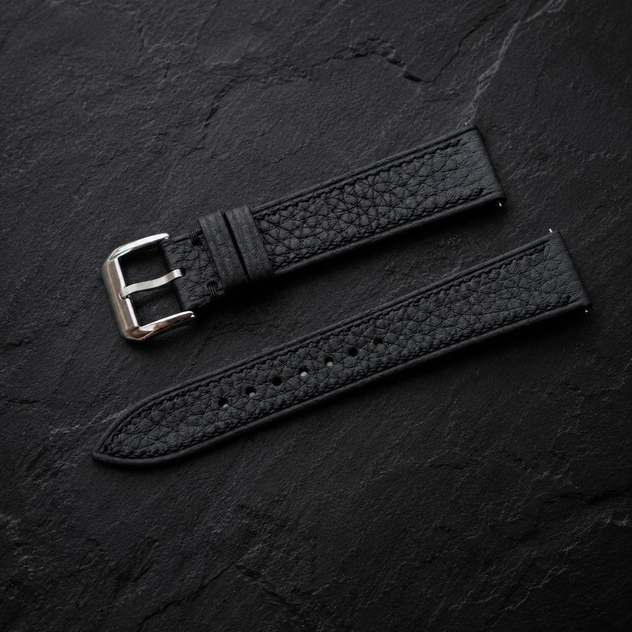 Flat Black Togo leather watch strap with tone-on-tone stitching