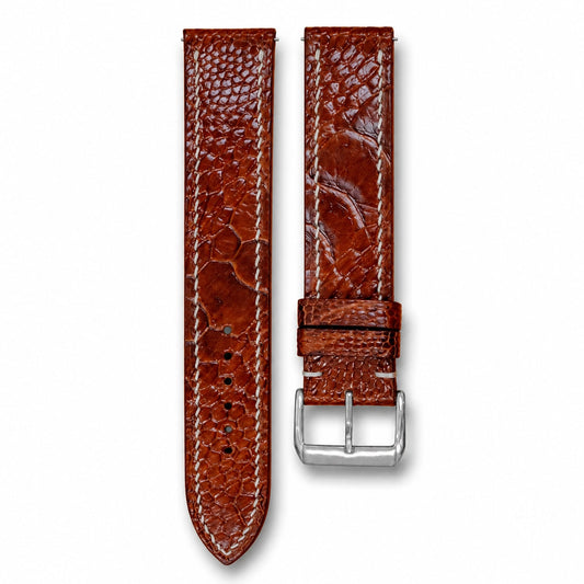 Flat Cognac Umber Ostrich Leg leather watch strap
