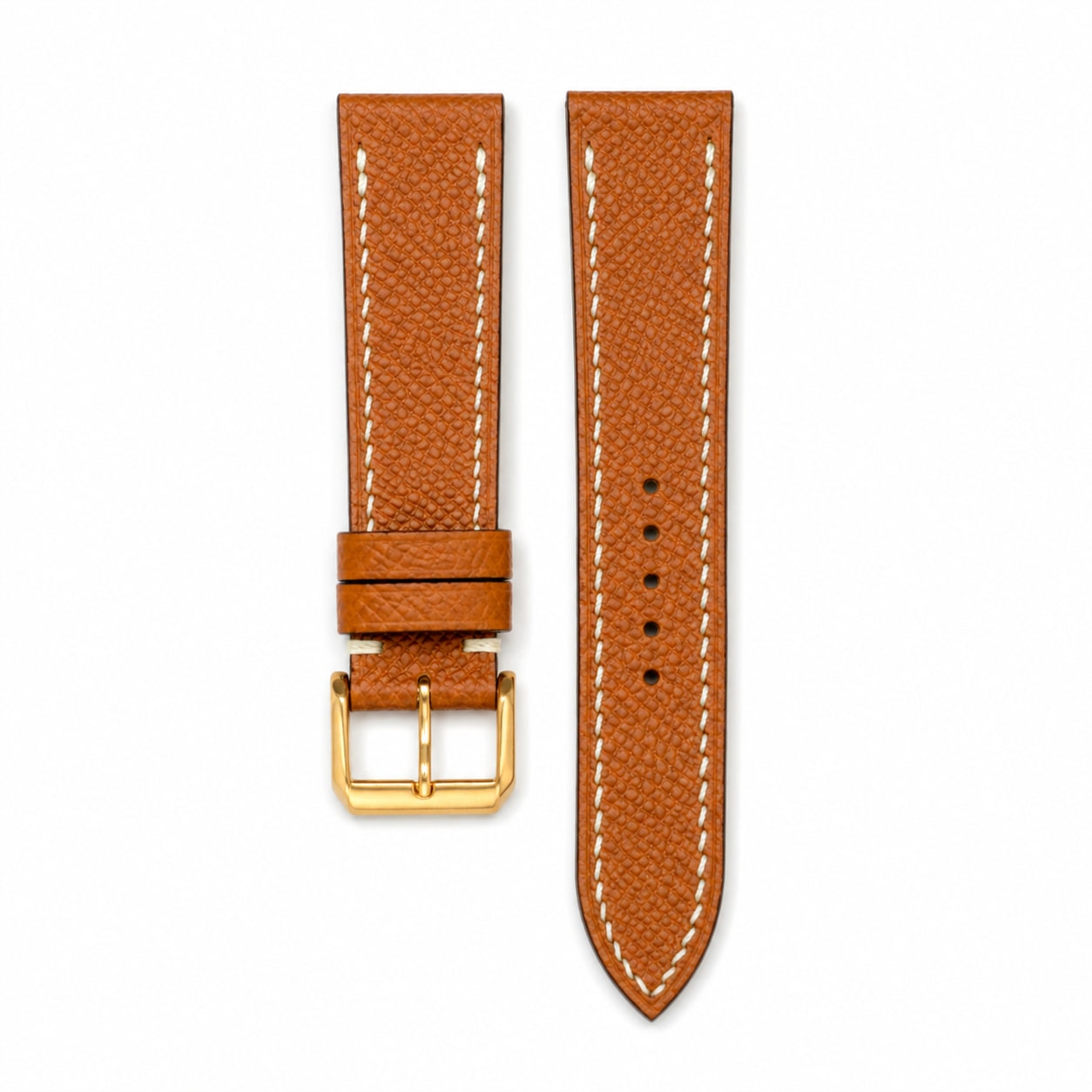 Flat Gold Caramel Epsom leather watch strap with cream stitching