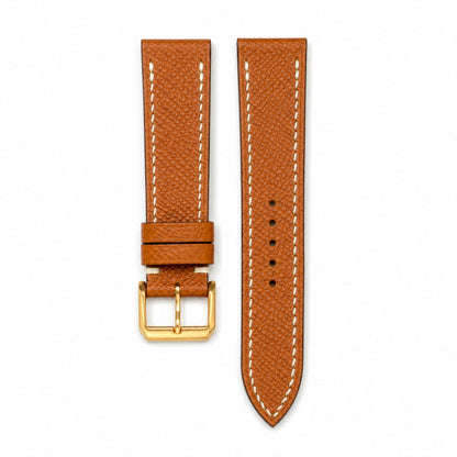 Flat Gold Caramel Epsom leather watch strap with cream stitching